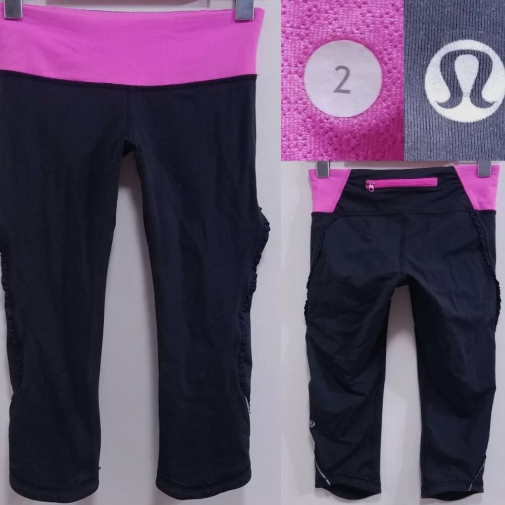 Lululemon Crop Leggings 2 XXS Woman's Magenta Pink Ruched Skinny Black